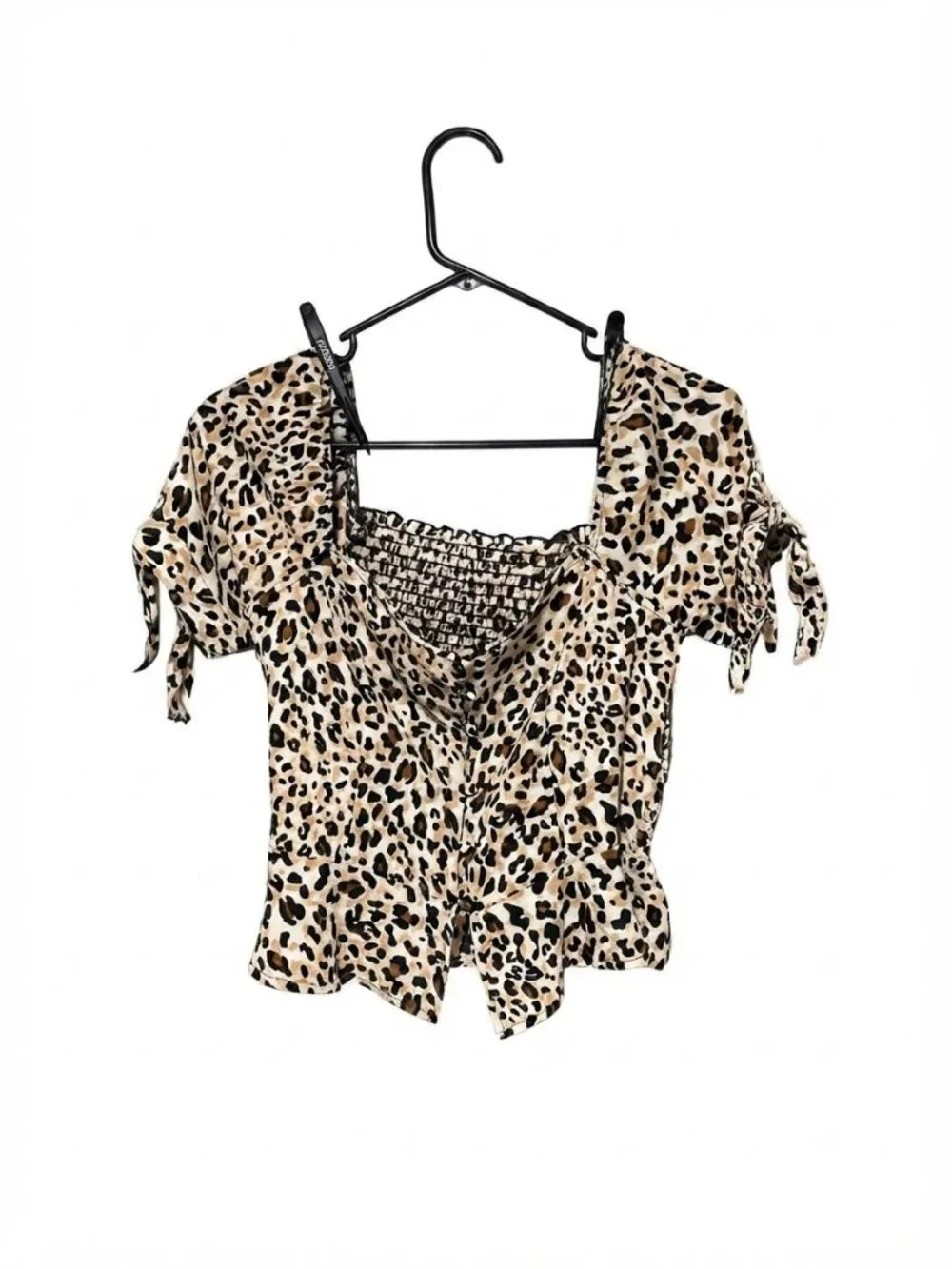 Tops | Leopard Print Square Neck Smocked Blouse With Tie Sleeves | Poshmark